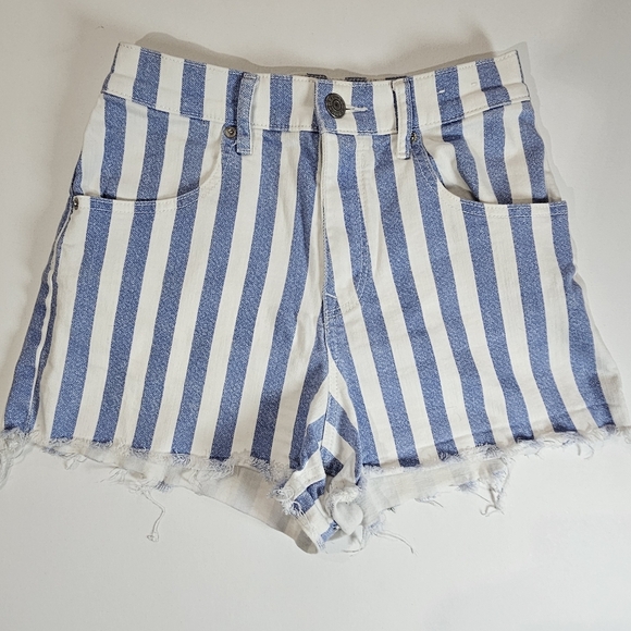 Express Denim Shorts Size 2 Blue White Stripe Shortie Super High Rise Mom Shorts - Picture 1 of 5